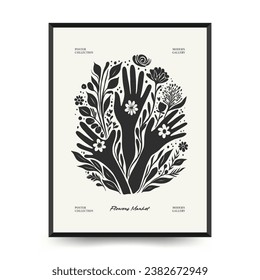 Abstract linocut floral posters template. Modern trendy Matisse minimal style. Black and white colors. Magic, girls and mystical. Hand drawn design for wallpaper, wall decor, print.