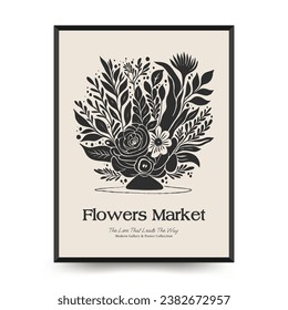 Abstract linocut floral posters template. Modern trendy Matisse minimal style. Black and white colors. Magic, girls and mystical. Hand drawn design for wallpaper, wall decor, print.