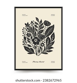 Abstract linocut floral posters template. Modern trendy Matisse minimal style. Black and white colors. Magic, girls and mystical. Hand drawn design for wallpaper, wall decor, print.