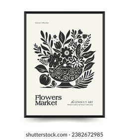 Abstract linocut floral posters template. Modern trendy Matisse minimal style. Black and white colors. Magic, girls and mystical. Hand drawn design for wallpaper, wall decor, print.