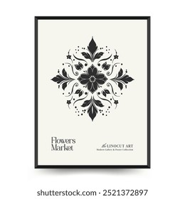 Abstract linocut floral posters template. Modern trendy minimal style. Black and white colors. Hand drawn design for wallpaper, wall decor, print, postcard, cover, template, banner. 