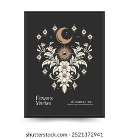 Abstract linocut floral posters template. Modern trendy minimal style. Black and white colors. Hand drawn design for wallpaper, wall decor, print, postcard, cover, template, banner. 