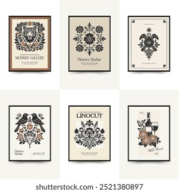 Abstract linocut floral posters template. Modern trendy minimal style. Black and white colors. Magic, girls, mystical. Hand drawn design for wallpaper, wall decor, print, postcard, cover, template,