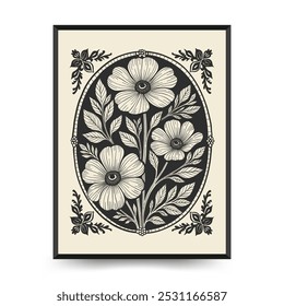 Plantilla de carteles florales de linóleo Abstractas. Moderno estilo minimalista. Colores blanco y negro. Huella botánica. Diseño dibujado a mano para el Fondo de pantalla, decoración de la pared, impresión, postal, cubierta, Plantilla.