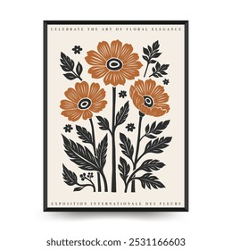 Abstract linocut floral posters template. Modern trendy minimal style. Black and white colors. Botanical blockprint. Hand drawn design for wallpaper, wall decor, print, postcard, cover, template.