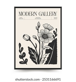 Plantilla de carteles florales de linóleo Abstractas. Moderno estilo minimalista. Colores blanco y negro. Huella botánica. Diseño dibujado a mano para el Fondo de pantalla, decoración de la pared, impresión, postal, cubierta, Plantilla.