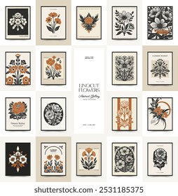 Abstract linocut floral posters template. Modern trendy minimal style. Black and white colors. Botanical blockprint. Hand drawn design for wallpaper, wall decor, print, postcard, cover, template. 