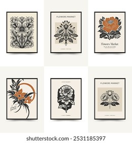 Abstract linocut floral posters template. Modern trendy minimal style. Black and white colors. Botanical blockprint. Hand drawn design for wallpaper, wall decor, print, postcard, cover, template. 