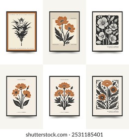 Plantilla de carteles florales de linóleo Abstractas. Moderno estilo minimalista. Colores blanco y negro. Huella botánica. Diseño dibujado a mano para el Fondo de pantalla, decoración de la pared, impresión, postal, cubierta, Plantilla. 