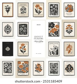 Abstract linocut floral posters template. Modern trendy minimal style. Black and white colors. Botanical blockprint. Hand drawn design for wallpaper, wall decor, print, postcard, cover, template. 