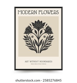 Abstract linocut floral posters template. Modern trendy minimal style. Black and white colors. Botanical blockprint. Hand drawn design for wallpaper, wall decor, print, postcard, cover, template. 