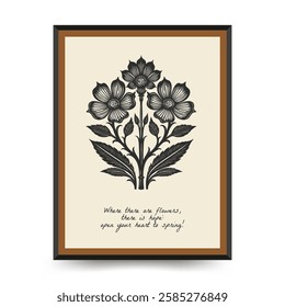 Abstract linocut floral posters template. Modern trendy minimal style. Black and white colors. Botanical blockprint. Hand drawn design for wallpaper, wall decor, print, postcard, cover, template. 