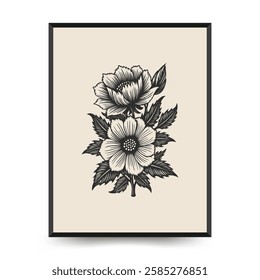 Abstract linocut floral posters template. Modern trendy minimal style. Black and white colors. Botanical blockprint. Hand drawn design for wallpaper, wall decor, print, postcard, cover, template. 