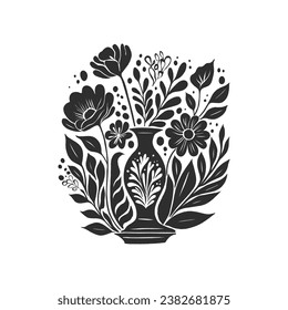 Abstract linocut flowers with magic, girls and mystical in ornate rural folk scandinavian style. Hand drawn Illustration, Linocut Blockprint.