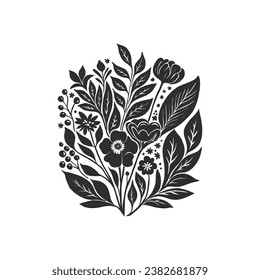 Abstract linocut flowers with magic, girls and mystical in ornate rural folk scandinavian style. Hand drawn Illustration, Linocut Blockprint.