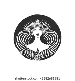 Abstract linocut flowers with magic, girls and mystical in ornate rural folk scandinavian style. Hand drawn Illustration, Linocut Blockprint.