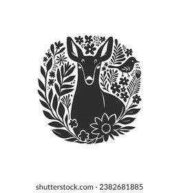 Abstract linocut flowers with magic, girls and mystical in ornate rural folk scandinavian style. Hand drawn Illustration, Linocut Blockprint.