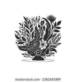 Abstract linocut flowers with magic, girls and mystical in ornate rural folk scandinavian style. Hand drawn Illustration, Linocut Blockprint.