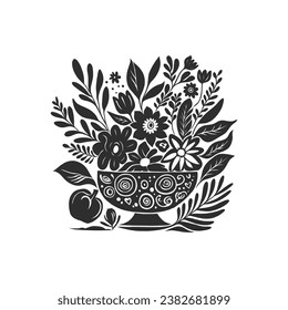 Abstract linocut flowers with magic, girls and mystical in ornate rural folk scandinavian style. Hand drawn Illustration, Linocut Blockprint.