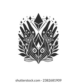 Abstract linocut flowers with magic, girls and mystical in ornate rural folk scandinavian style. Hand drawn Illustration, Linocut Blockprint.