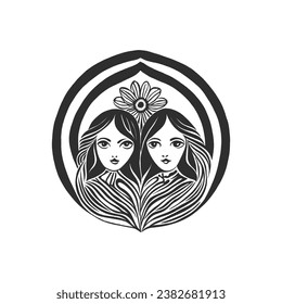 Abstract linocut flowers with magic, girls and mystical in ornate rural folk scandinavian style. Hand drawn Illustration, Linocut Blockprint.