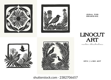 Abstract linocut flowers with magic, girls and mystical in ornate rural folk scandinavian style. Hand drawn Illustration, Linocut Blockprint.