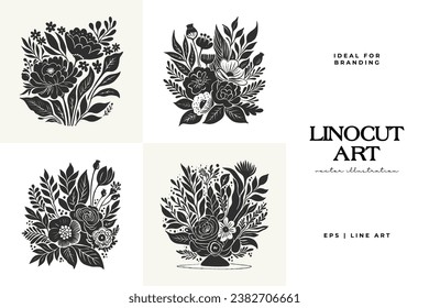 Abstract linocut flowers with magic, girls and mystical in ornate rural folk scandinavian style. Hand drawn Illustration, Linocut Blockprint.