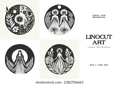 Abstract linocut flowers with magic, girls and mystical in ornate rural folk scandinavian style. Hand drawn Illustration, Linocut Blockprint.