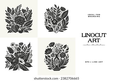 Abstract linocut flowers with magic, girls and mystical in ornate rural folk scandinavian style. Hand drawn Illustration, Linocut Blockprint.