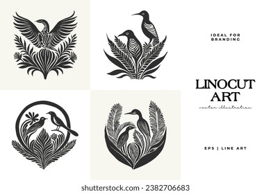 Abstract linocut flowers with magic, girls and mystical in ornate rural folk scandinavian style. Hand drawn Illustration, Linocut Blockprint.