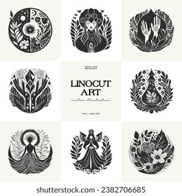 Abstract linocut flowers with magic, girls and mystical in ornate rural folk scandinavian style. Hand drawn Illustration, Linocut Blockprint.