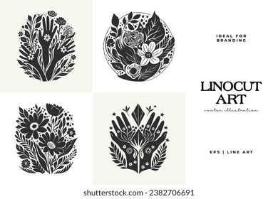 Abstract linocut flowers with magic, girls and mystical in ornate rural folk scandinavian style. Hand drawn Illustration, Linocut Blockprint.