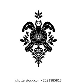 Abstract linocut flowers with magic, girls and mystical in ornate rural folk scandinavian style. Hand drawn Illustration, Linocut Blockprint.