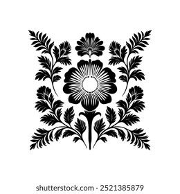 Abstract linocut flowers with magic, girls and mystical in ornate rural folk scandinavian style. Hand drawn Illustration, Linocut Blockprint.