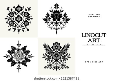 Abstract linocut flowers with magic, girls and mystical in ornate rural folk scandinavian style. Hand drawn Illustration, Linocut Blockprint.