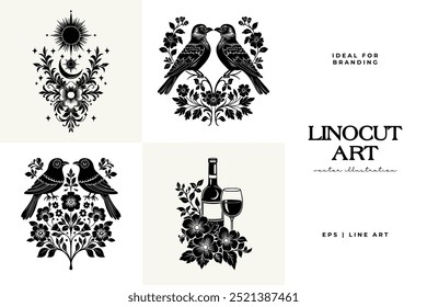 Abstract linocut flowers with magic, girls and mystical in ornate rural folk scandinavian style. Hand drawn Illustration, Linocut Blockprint.