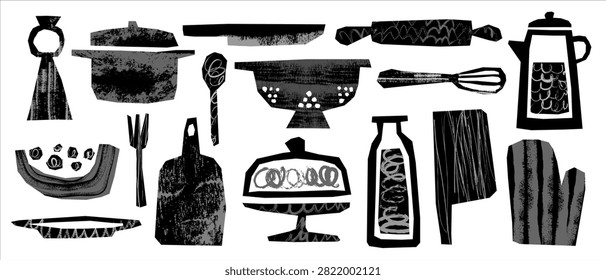 Abstract linocut kitchenware vector set, Scrapbook sticker collage design elements, culinary equipment isolated of cookware and baking utensils