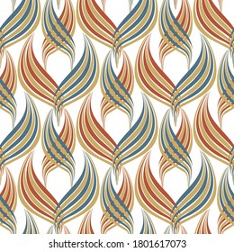 Abstract linocut style leaves decorative seamless vector pattern background. Damask effect backdrop of overlapping foliage. Stylized geometric design in red, green white. All over print for packaging.