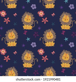 Abstract lion and flower seamless pattern