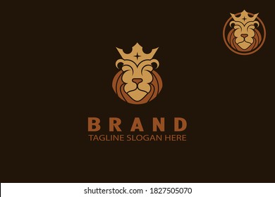 Resumen del logo de la cabeza de león con corona. Los logos modernos están diseñados con una cara antigua, para representar una nueva industria pero son legendarios y experimentados. Identidad de marca premium.
