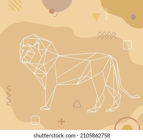 Abstract lion in low polygonal style on background with Memphis elements. African animal composed of triangles. Template for poster, cover, postcard, print on clothes, bag. Stock vector illustration.