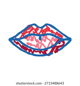 Abstract lips graphic featuring a bold blue outline filled with dynamic red and pink wavy scribbles, symbolizing creativity, love, and passion on a white background