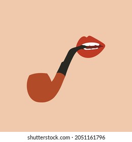 Abstract Lips And Tobacco Pipe Ilustration, Hand Drawn Aesthetic Vector Illustration.