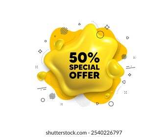 Abstract liquid 3d shape. 50 percent discount offer tag. Sale price promo sign. Special offer symbol. Discount message. Fluid speech bubble banner. Yellow text liquid shape. Vector