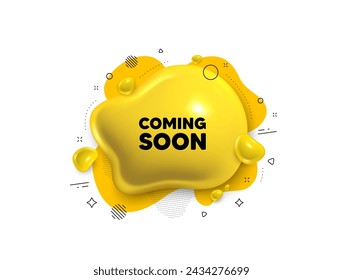Forma 3d líquida abstracta. Próximamente etiqueta. Signo de banner de promoción. Nuevo símbolo de lanzamiento del producto. Próximamente mensaje. Banner de burbuja de habla fluida. Forma líquida de texto amarillo. Vector