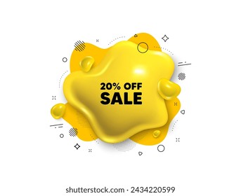 Abstract liquid 3d shape. Sale 20 percent off discount. Promotion price offer sign. Retail badge symbol. Sale message. Fluid speech bubble banner. Yellow text liquid shape. Vector