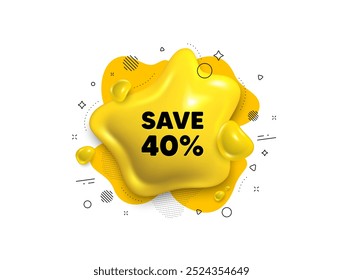 Abstract liquid 3d shape. Save 40 percent off tag. Sale Discount offer price sign. Special offer symbol. Discount message. Fluid speech bubble banner. Yellow text liquid shape. Vector