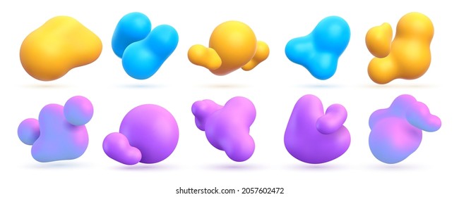 Abstract liquid 3d shapes, floating paint drops with gradient. Realistic bright molecular or fluid elements. Organic art design vector set. Vivid bouncing and bouncing balls or spheres
