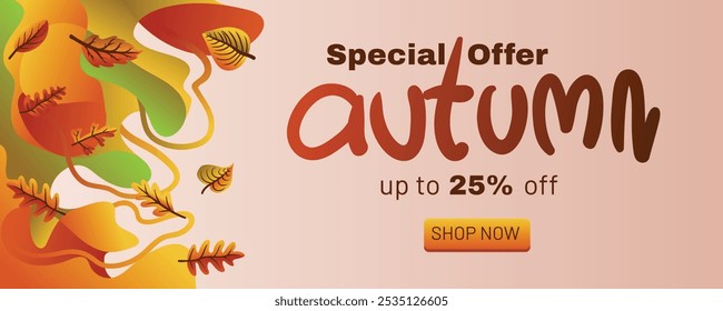 Abstract Liquid Autumn Sale Banner with Colorful Leaves. concept of autumn special offer with abstract background banner template vector illustration