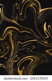 Fondo líquido abstracto. Arte fluido. Diseño elegante de la cubierta. Patrón de mármol de lujo en colores dorados y negros. Plantilla vectorial minimalista para invitación, postal, folleto, folleto.
